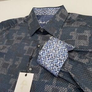 Robert Graham Men's Medium Long Sleeve Flip Cuff Blue /Gray Geometric Print NEW